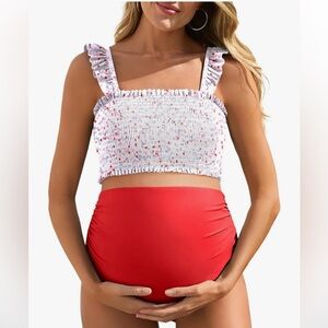 NEW Maternity Swimsuit - Ruffled Smocked Polka Dot Crop Top + Pink Bottoms